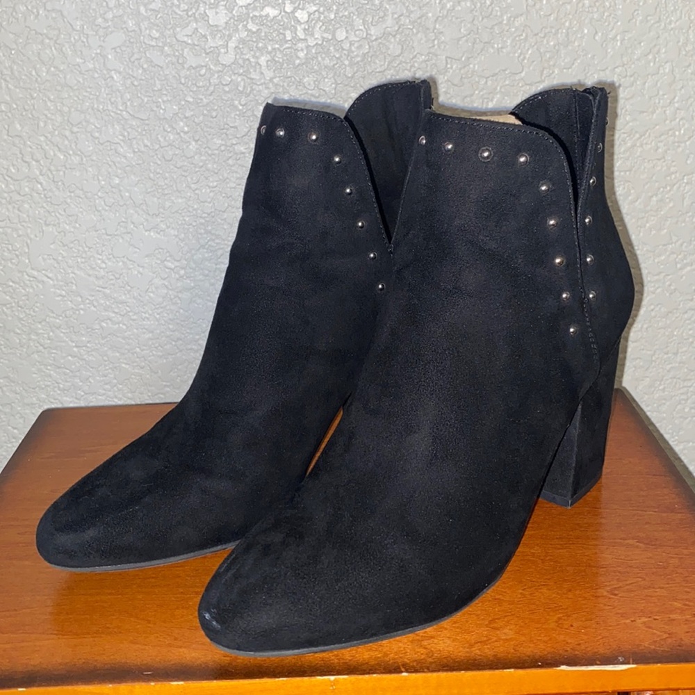 a new day Black Suede Studded Ankle Booties with Block Heel